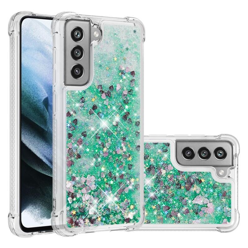 Glitter homokóra zselés tok Samsung Galaxy S21 FE 5G - zöld/szívek