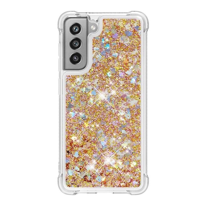 Csillogó homokóra zselés tok Samsung Galaxy S21 FE 5G - arany/szív