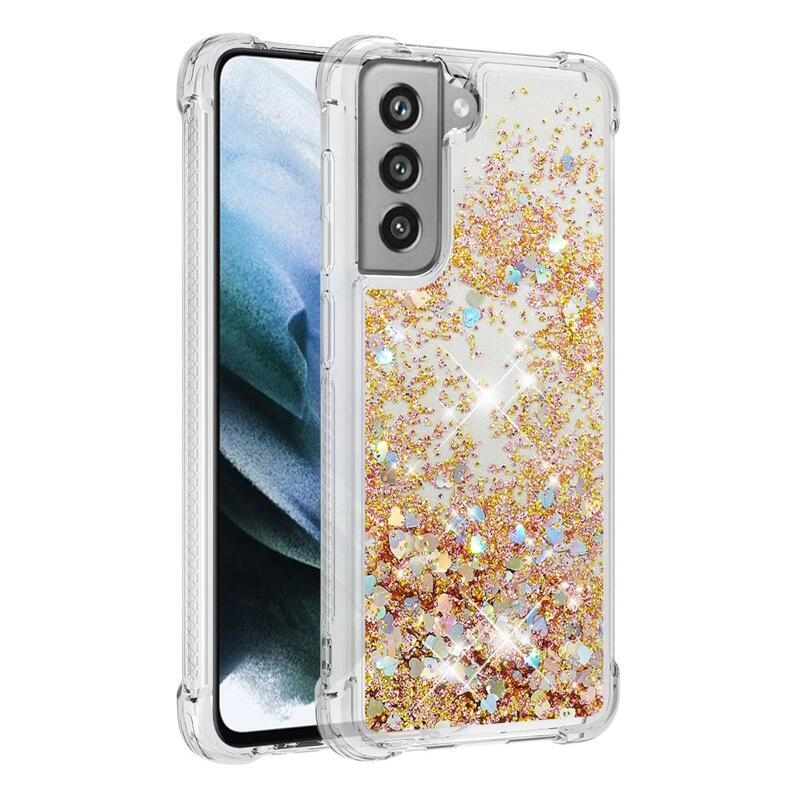 Csillogó homokóra zselés tok Samsung Galaxy S21 FE 5G - arany/szív