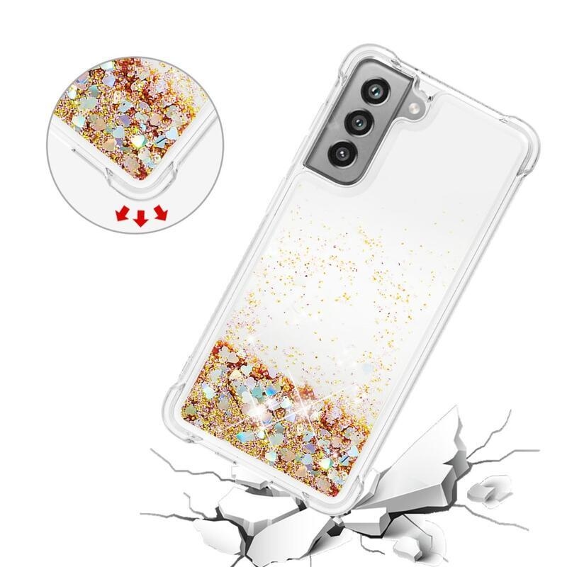Csillogó homokóra zselés tok Samsung Galaxy S21 FE 5G - arany/szív