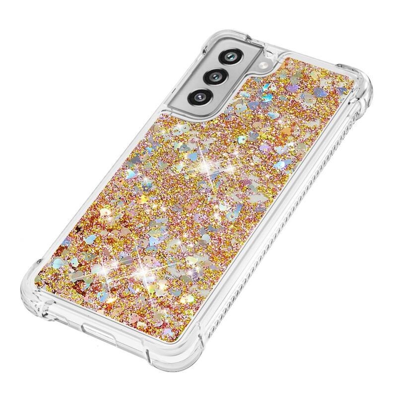 Csillogó homokóra zselés tok Samsung Galaxy S21 FE 5G - arany/szív