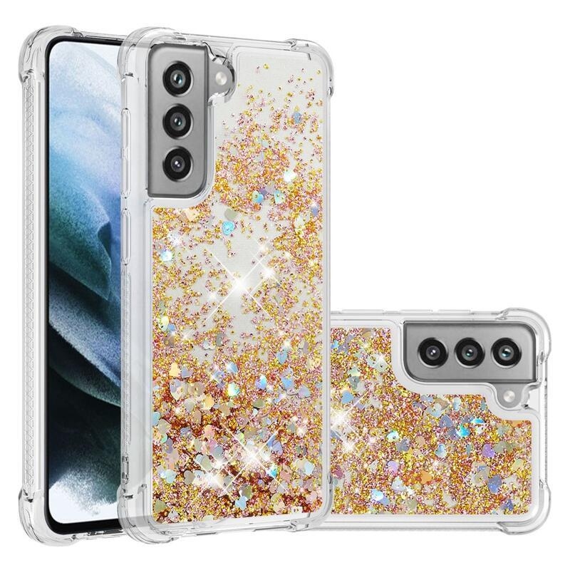 Csillogó homokóra zselés tok Samsung Galaxy S21 FE 5G - arany/szív