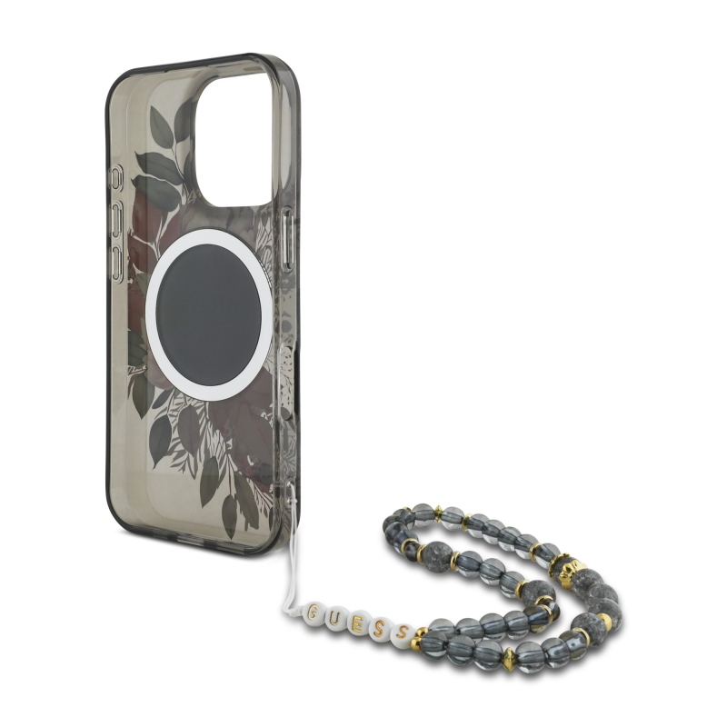 Guess IML Flowers Pearl Strap MagSafe hátlapi borító iPhone 16 Pro Max-hoz Fekete