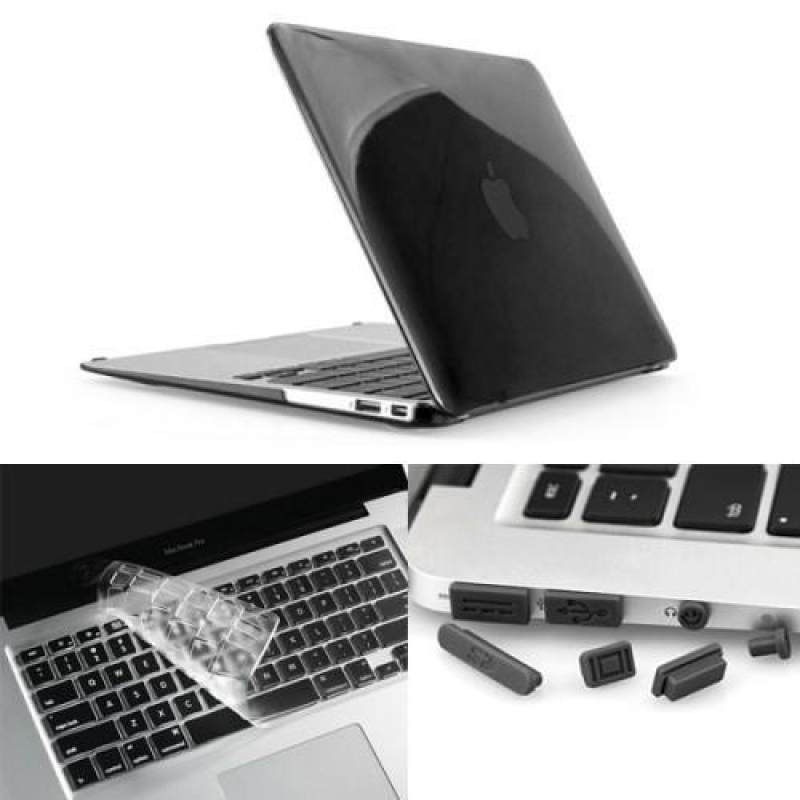 Fényes műanyag tok, porvédő és billentyűzetvédő készlet MacBook Air 13.3 - fekete