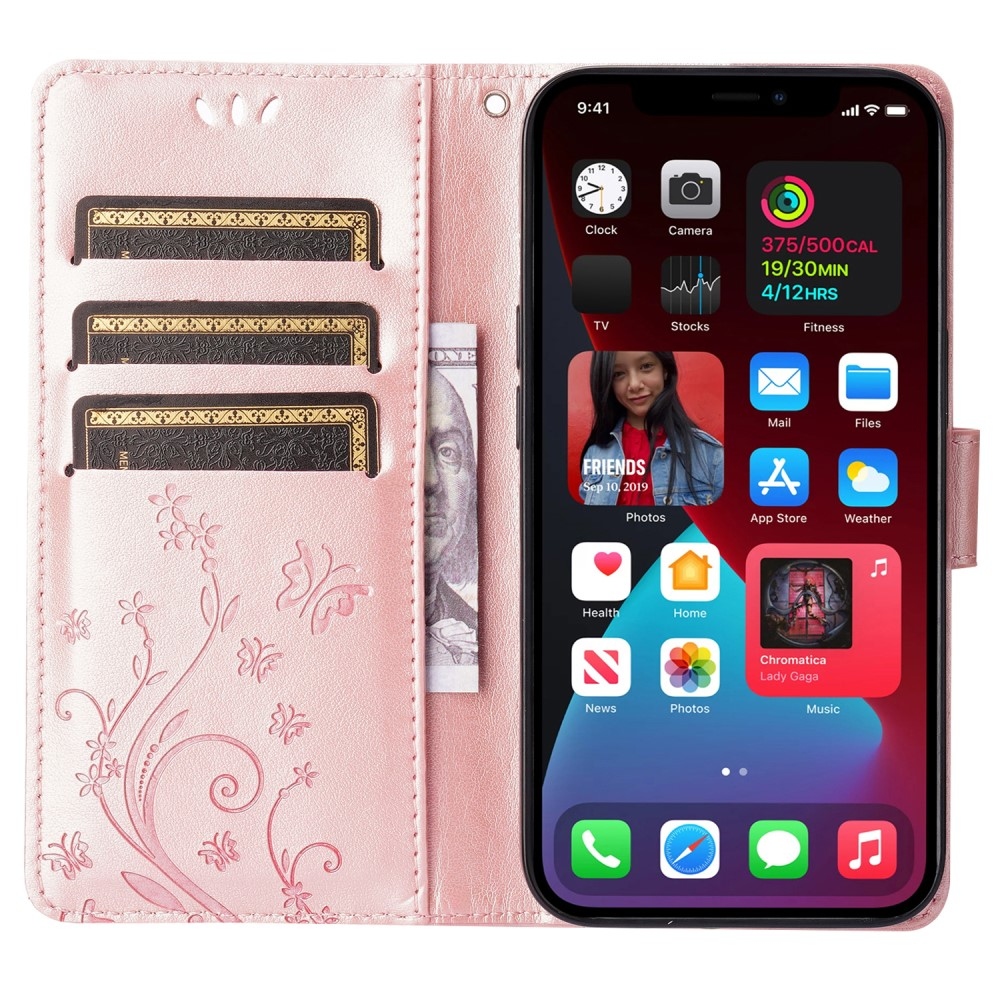 Virágok könyvtáska iPhone 15 Pro készülékhez - rózsaarany