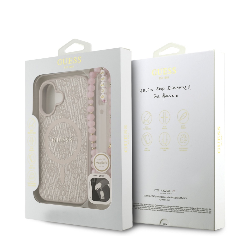 Guess PU bőr 4G színes gyűrűs pánt MagSafe hátsó borító iPhone 16 rózsaszínhez