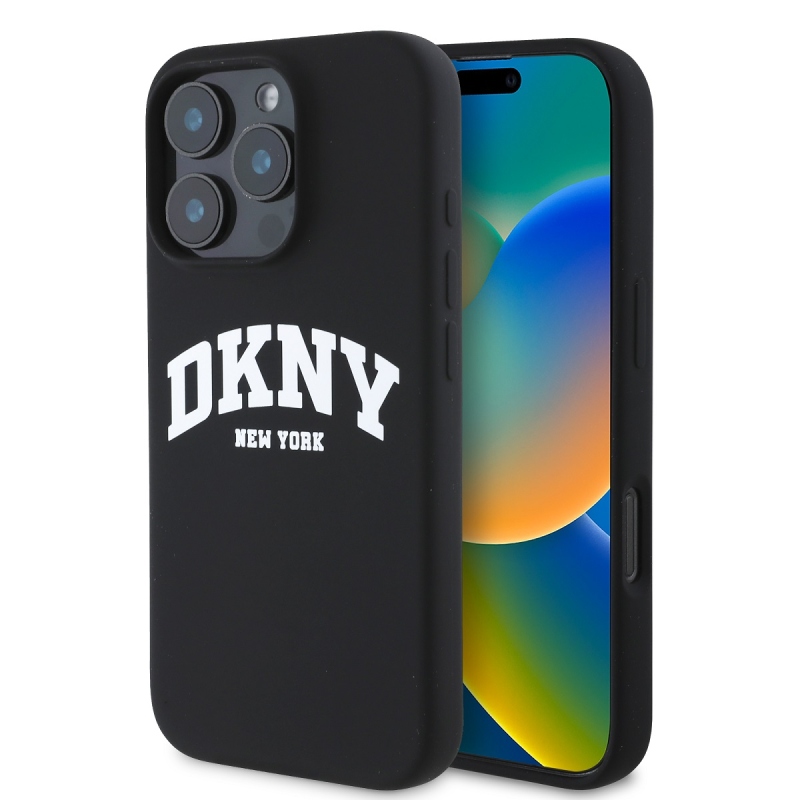 DKNY Liquid Silicone Arch Logo MagSafe hátlapi borító iPhone 16 Pro-hoz Fekete