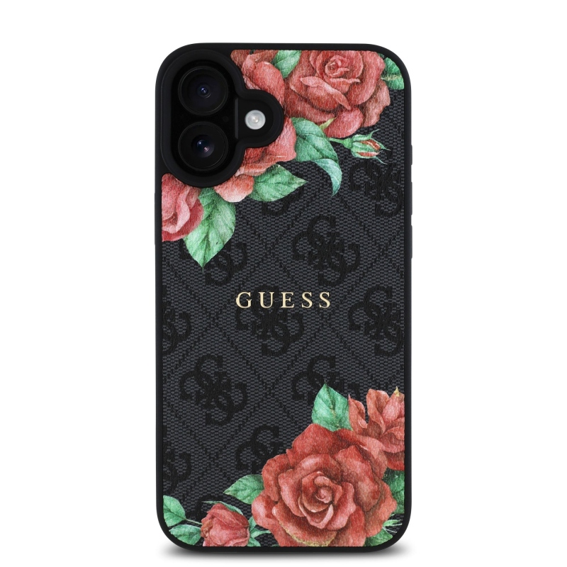 Guess PU bőr 4G rózsák MagSafe hátlap iPhone 16-hoz Fekete