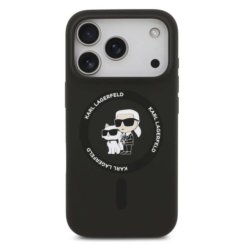 Karl Lagerfeld Folyékony szilikon Karl és Choupette MagSafe hátlap iPhone 17 Pro-hoz Fekete