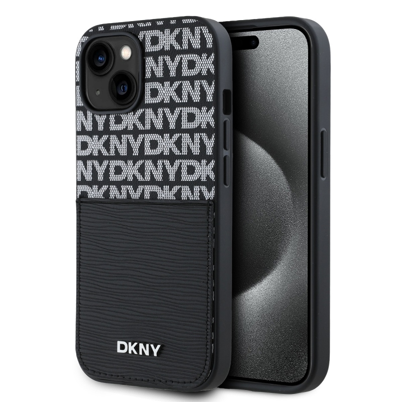 DKNY PU bőr Ismétlődő mintás kártya zseb hátsó borító iPhone 14 Fekete