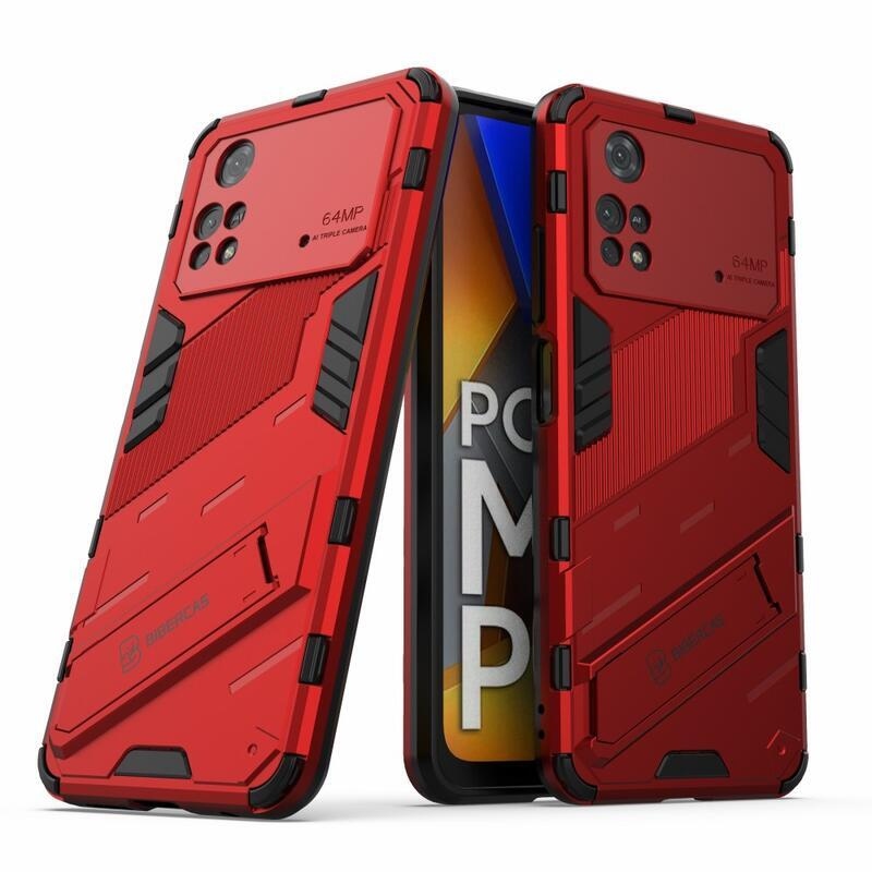 Guard tartós hibrid védőburkolat csuklós állvánnyal Xiaomi Poco M4 Pro 4G-hez - piros