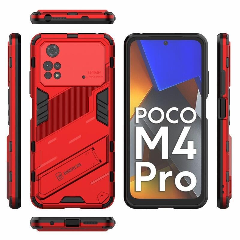 Guard tartós hibrid védőburkolat csuklós állvánnyal Xiaomi Poco M4 Pro 4G-hez - piros