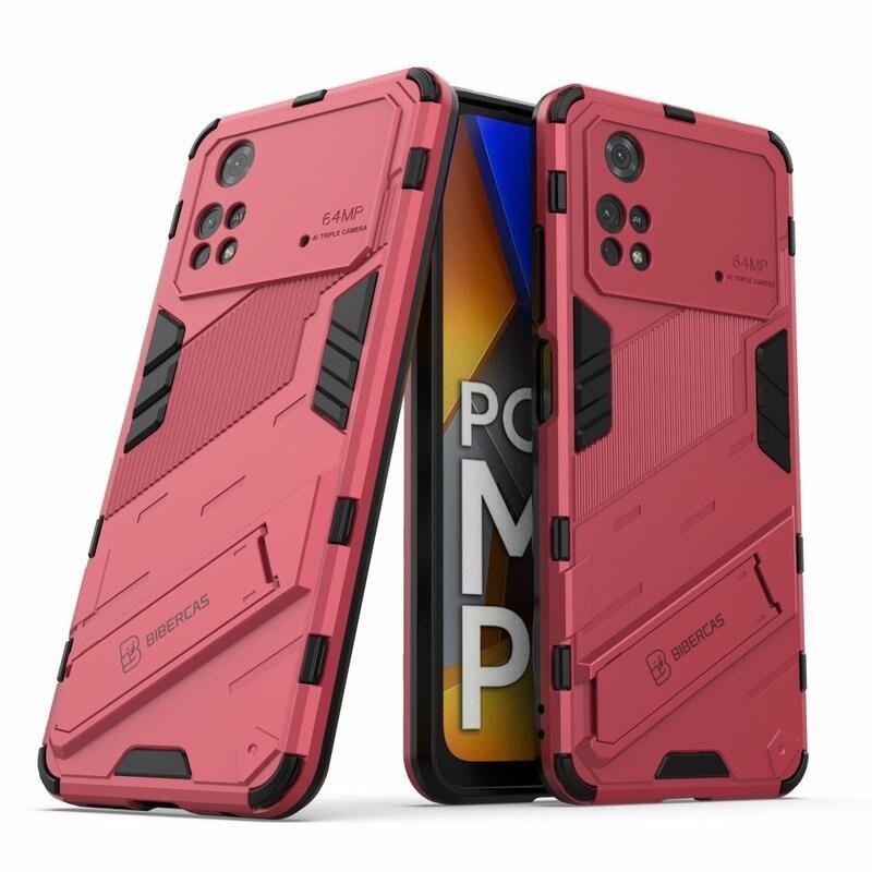 Tartós hibrid védőburkolat csuklós állvánnyal a Xiaomi Poco M4 Pro 4G számára - rózsaszínű