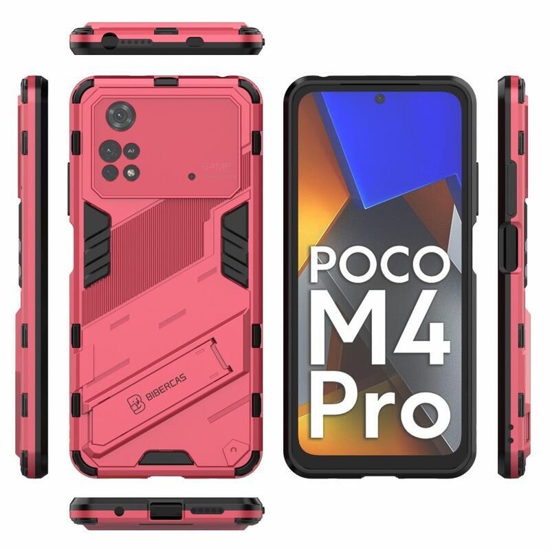 Tartós hibrid védőburkolat csuklós állvánnyal a Xiaomi Poco M4 Pro 4G számára - rózsaszínű