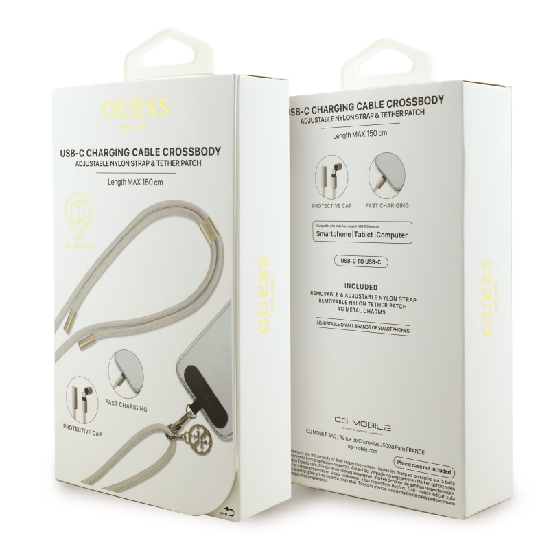 Guess Crossbody Strap 4G Charm USB-C/USB-C töltőkábellel bézs színben