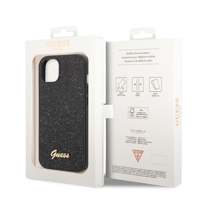 Guess pelyhes zselés tok fix hátlappal és logóval iPhone 14 Plus készülékre - fekete