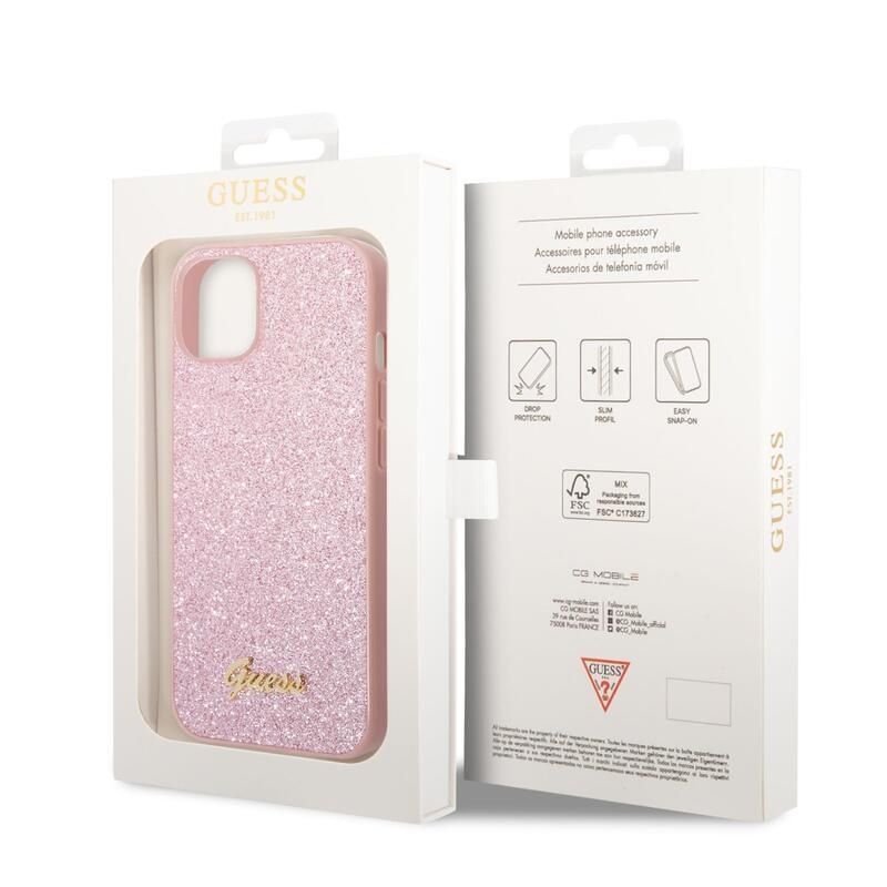 Guess pelyhes zselés tok egyszínű hátlappal és logóval iPhone 14 Plus készülékhez - rózsaszín