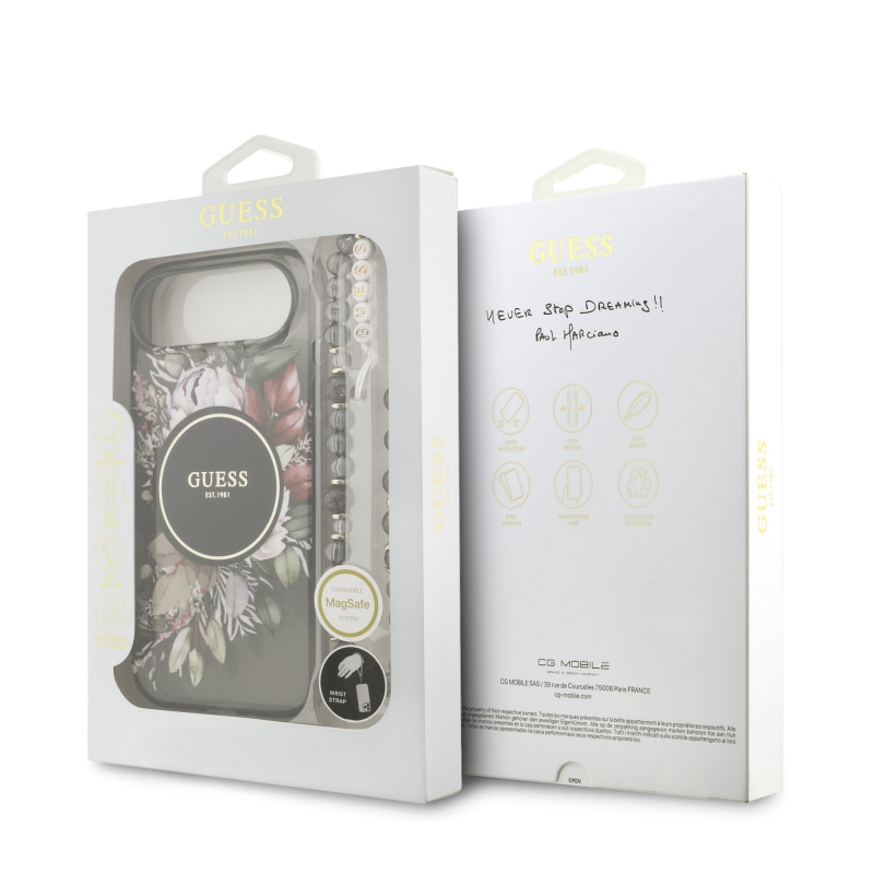 Guess IML Flowers Strap MagSafe hátlapi borító iPhone Airhez Fekete