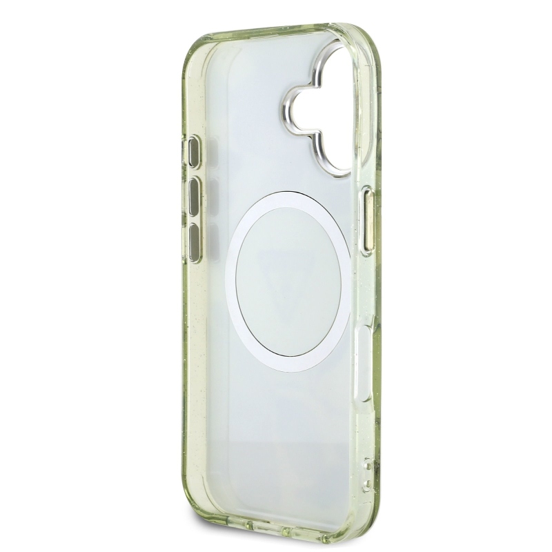 Guess IML Glitter Magnolia és háromszög logóval ellátott MagSafe hátlap iPhone 16-hoz Zöld