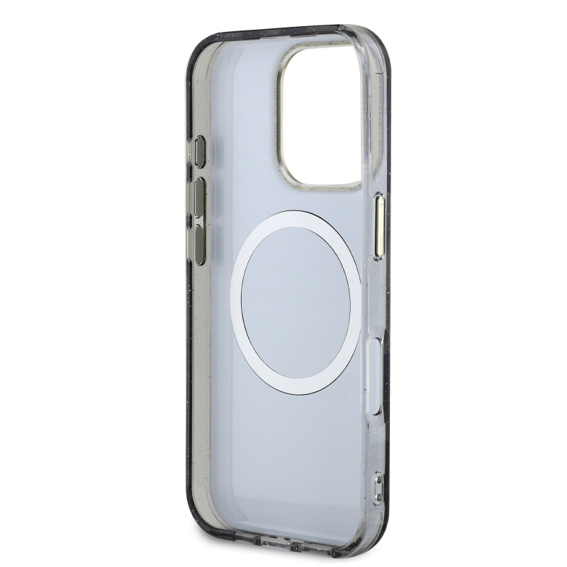 Guess IML Glitter Magnólia és háromszög logó MagSafe hátlap iPhone 16 Pro-hoz Fekete