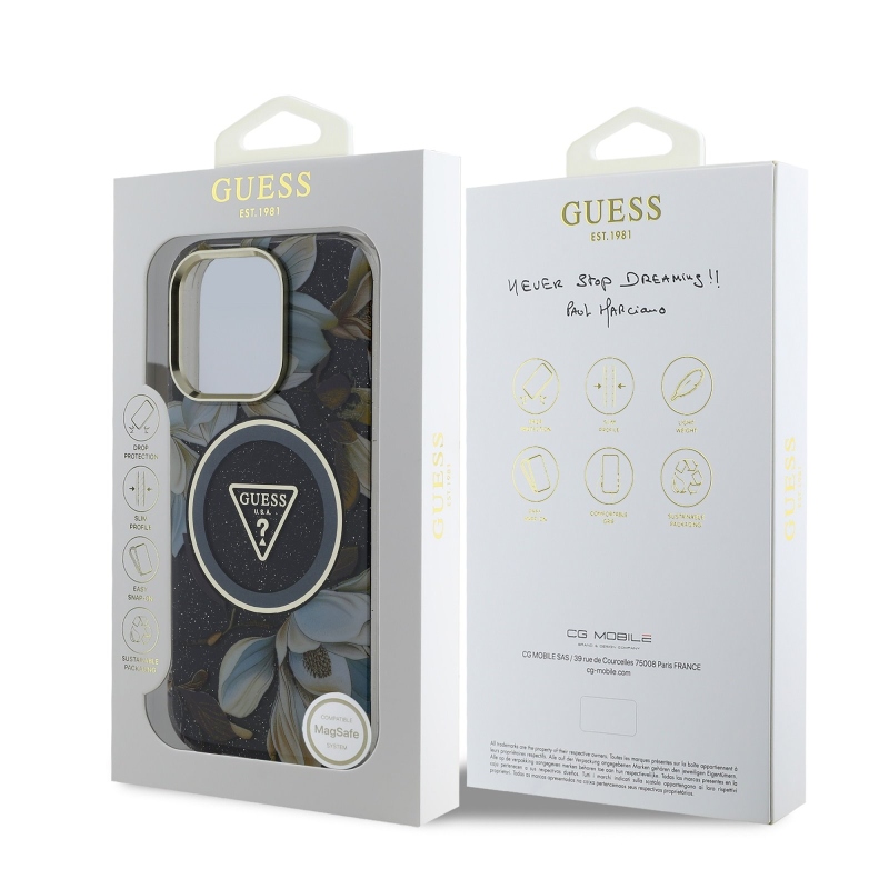 Guess IML Glitter Magnólia és háromszög logó MagSafe hátlap iPhone 16 Pro-hoz Fekete