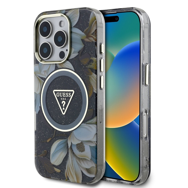 Guess IML Glitter Magnólia és háromszög logó MagSafe hátlap iPhone 16 Pro Max-hoz Fekete