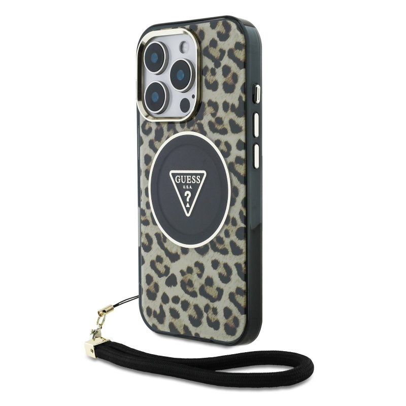 Guess IML Leopard Leopárd háromszög logó szíj MagSafe hátlap iPhone 16 Pro Max barna színű hátlaphoz