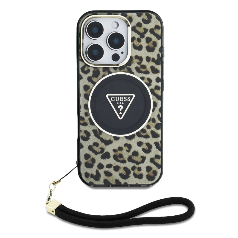 Guess IML Leopard Leopárd háromszög logó szíj MagSafe hátlap iPhone 16 Pro Max barna színű hátlaphoz