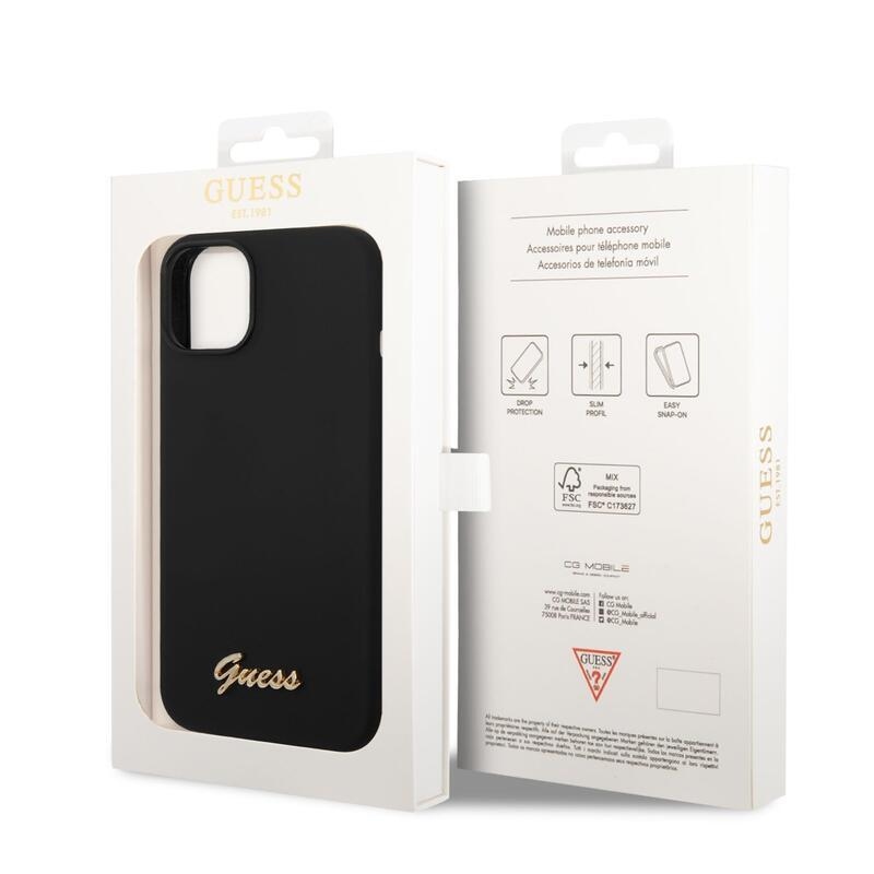 Guess folyékony szilikon tok fém logóval iPhone 14 Plus készülékre - fekete