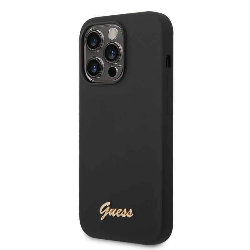 Guess folyékony szilikon tok fém logóval iPhone 14 Pro Max készülékre - fekete