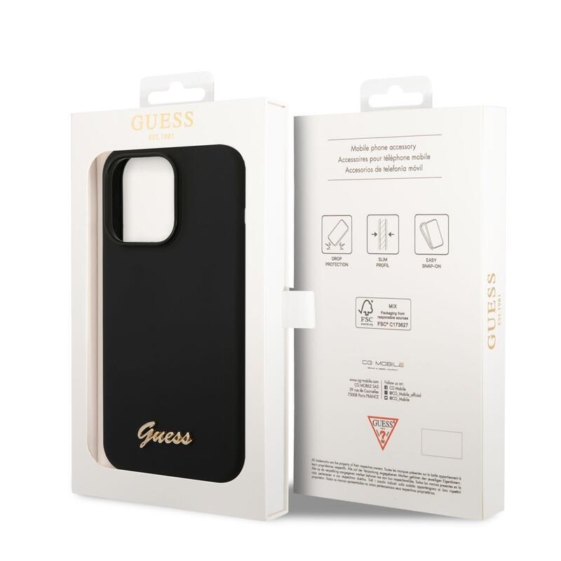 Guess folyékony szilikon tok fém logóval iPhone 14 Pro Max készülékre - fekete