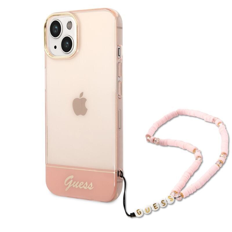Guess körvonalazott zselés tok fix hátlappal és hurokkal iPhone 14 Plus készülékhez - rózsaszín