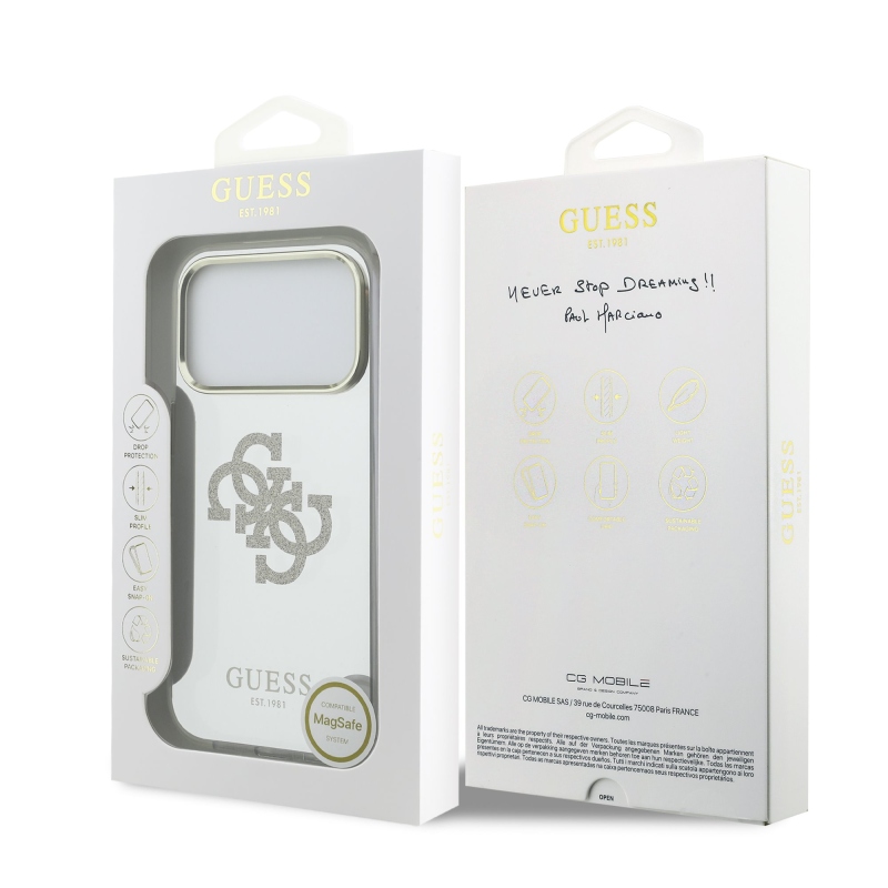 Guess PC/TPU Mirror 4G Glitter Logo MagSafe hátlap az iPhone 17 Pro-hoz Arany