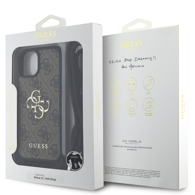 Guess PU 4G fém logó fém keresztpánt hátlapi borító iPhone 15-hez barna barna