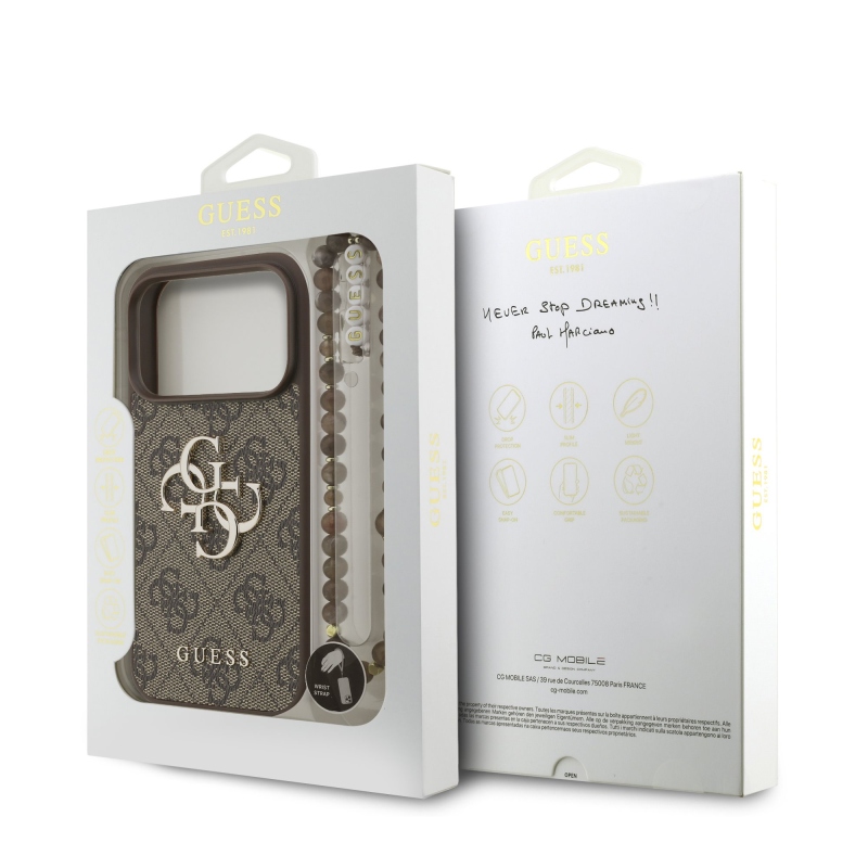 Guess PU 4G fém logós hátlap iPhone 17 Pro készülékhez, barna