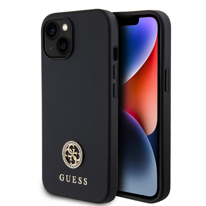 Guess PU 4G Strass fém logó hátlap iPhone 15 fekete