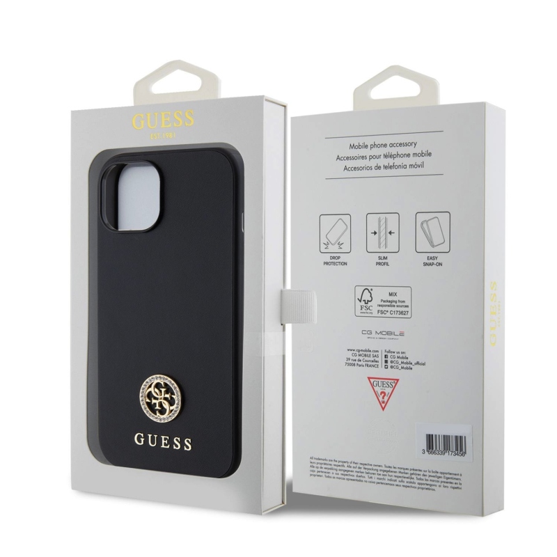 Guess PU 4G Strass fém logó hátlap iPhone 15 fekete