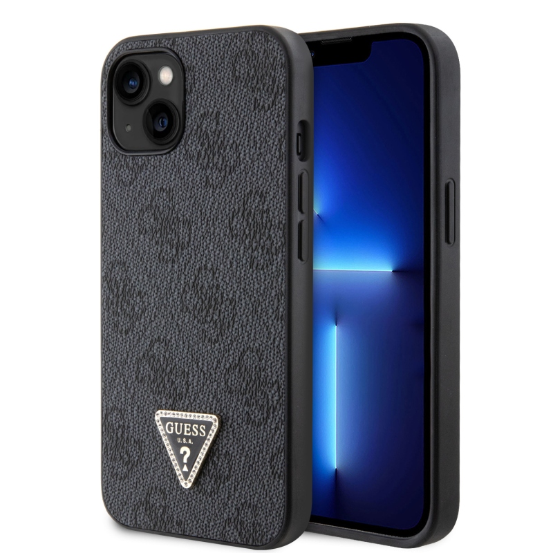 Guess PU 4G Strass háromszög fém logó hátlap iPhone 15 fekete
