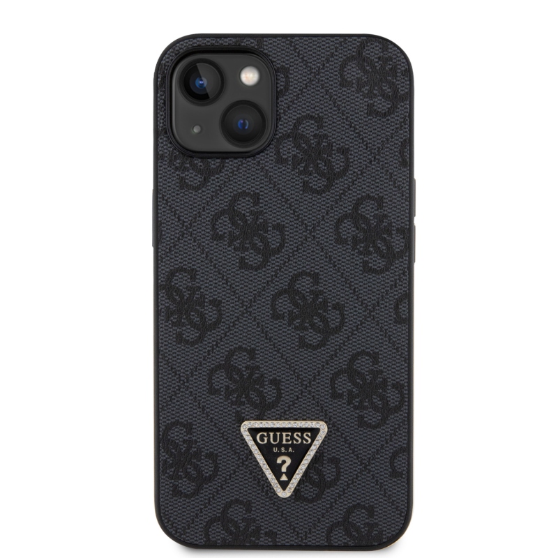 Guess PU 4G Strass háromszög fém logó hátlap iPhone 15 fekete