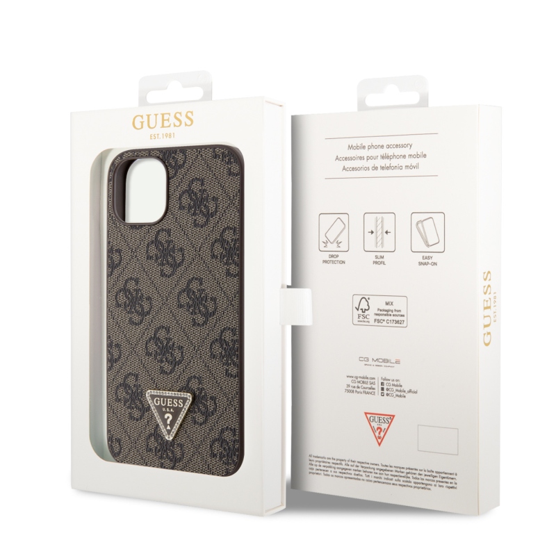 Guess PU 4G Strass háromszög fém logó hátlap iPhone 15 barna barna