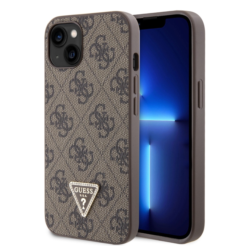 Guess PU 4G Strass háromszög fém logó hátlap iPhone 15 barna barna