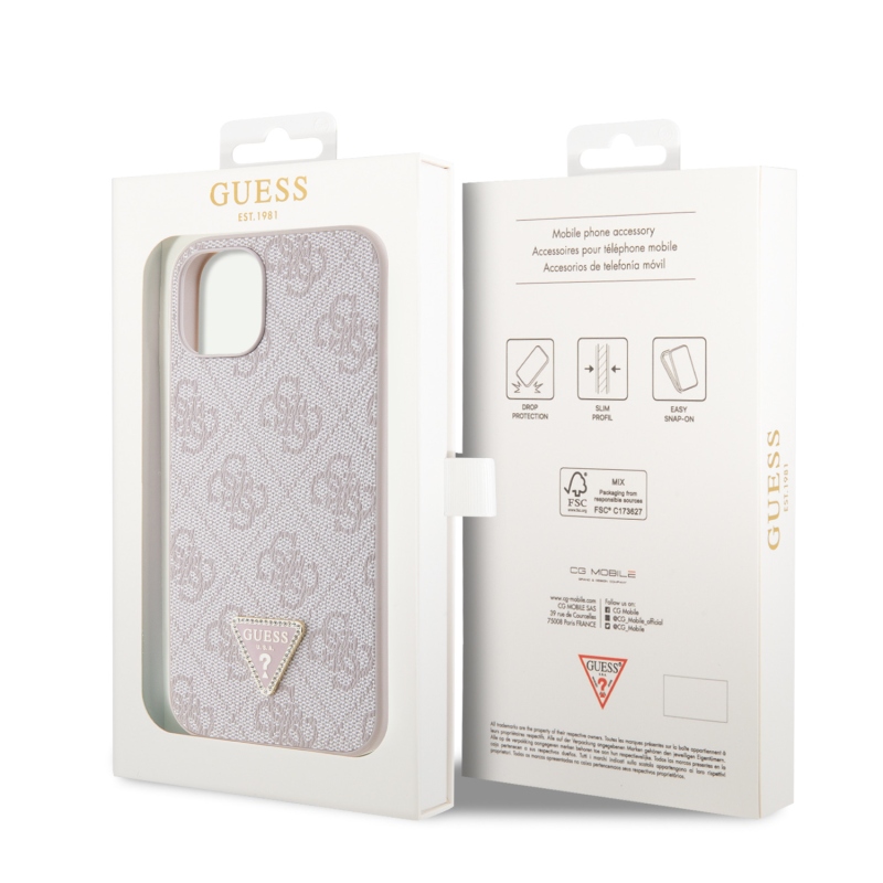 Guess PU 4G Strass háromszög fém logó hátlap iPhone 15 rózsaszínűre