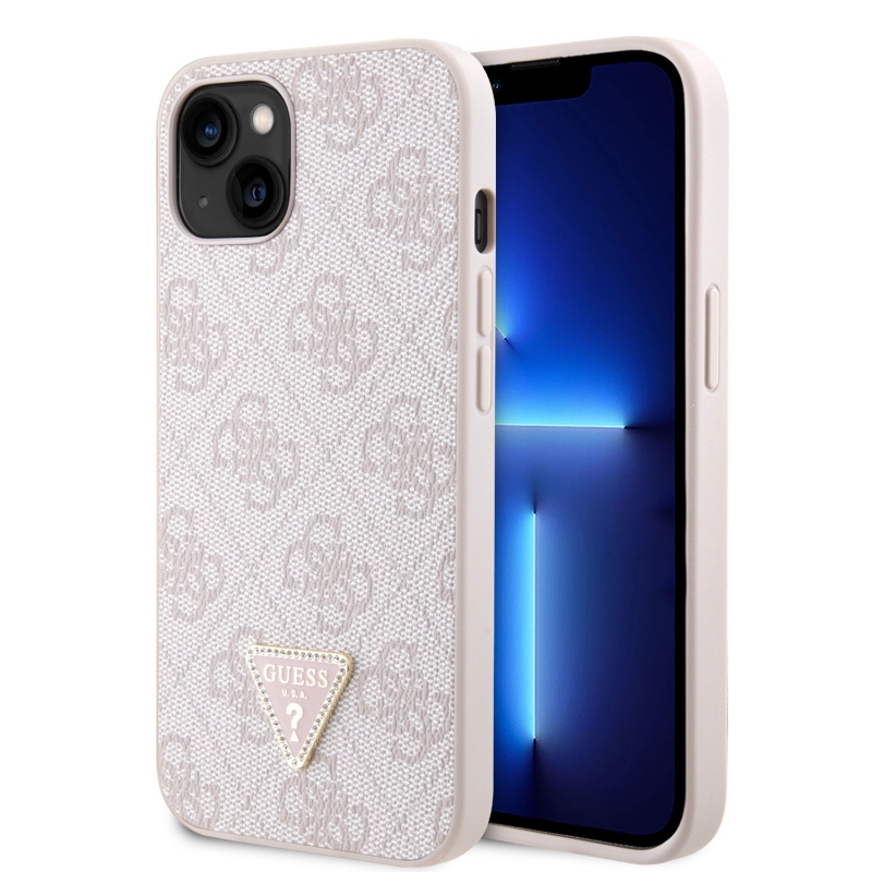 Guess PU 4G Strass háromszög fém logó hátlap iPhone 15 rózsaszínűre
