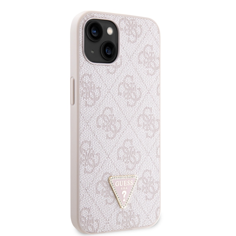 Guess PU 4G Strass háromszög fém logó hátlap iPhone 15 rózsaszínűre