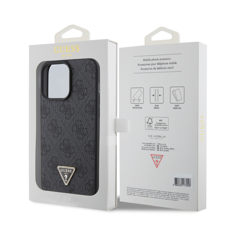 Guess PU 4G Strass háromszög fém logó hátlap iPhone 15 Pro Max fekete