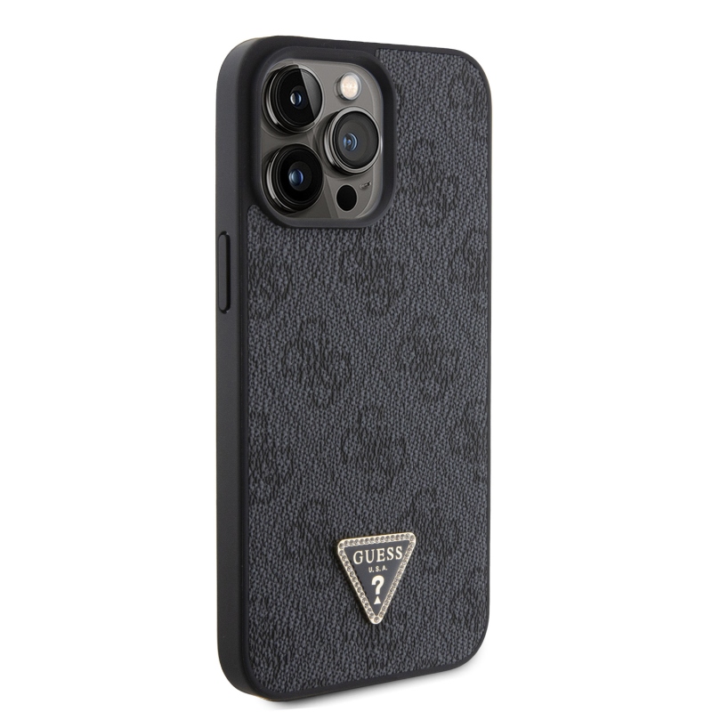 Guess PU 4G Strass háromszög fém logó hátlap iPhone 15 Pro Max fekete
