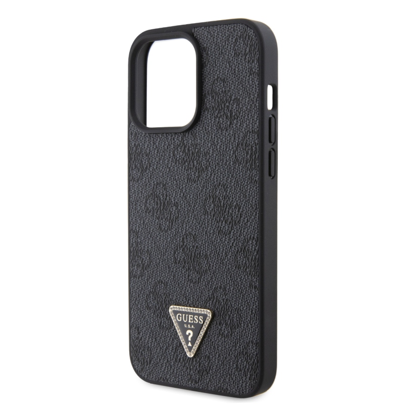 Guess PU 4G Strass háromszög fém logó hátlap iPhone 15 Pro Max fekete