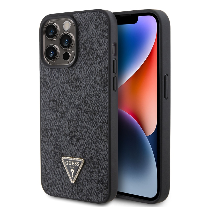 Guess PU 4G Strass háromszög fém logó hátlap iPhone 15 Pro Max fekete