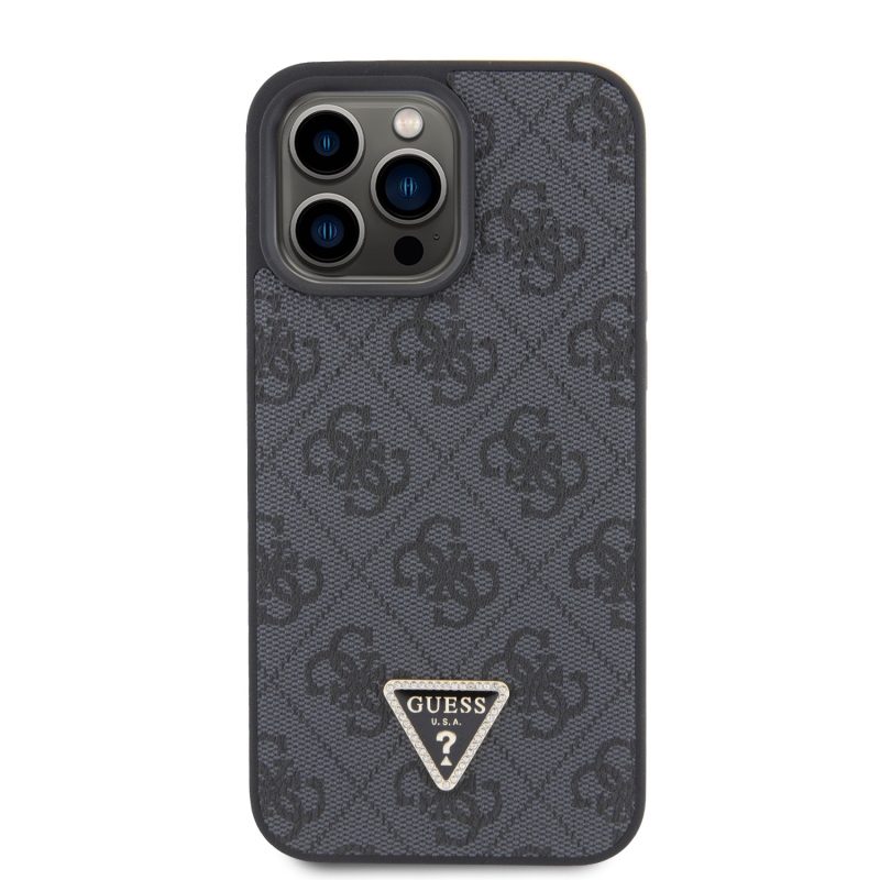 Guess PU 4G Strass háromszög fém logó hátlap iPhone 15 Pro Max fekete