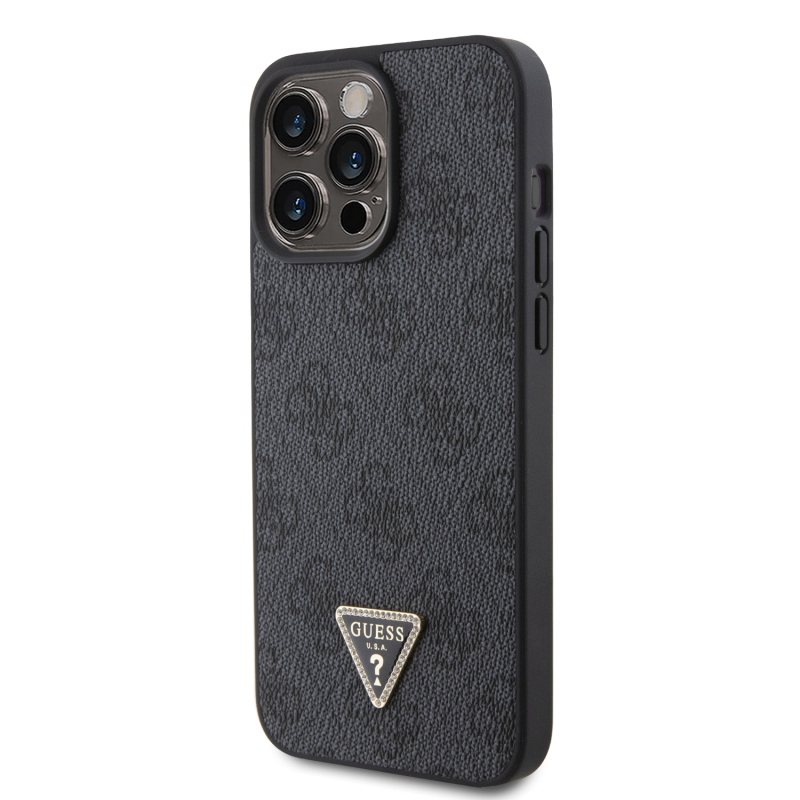 Guess PU 4G Strass háromszög fém logó hátlap iPhone 15 Pro Max fekete
